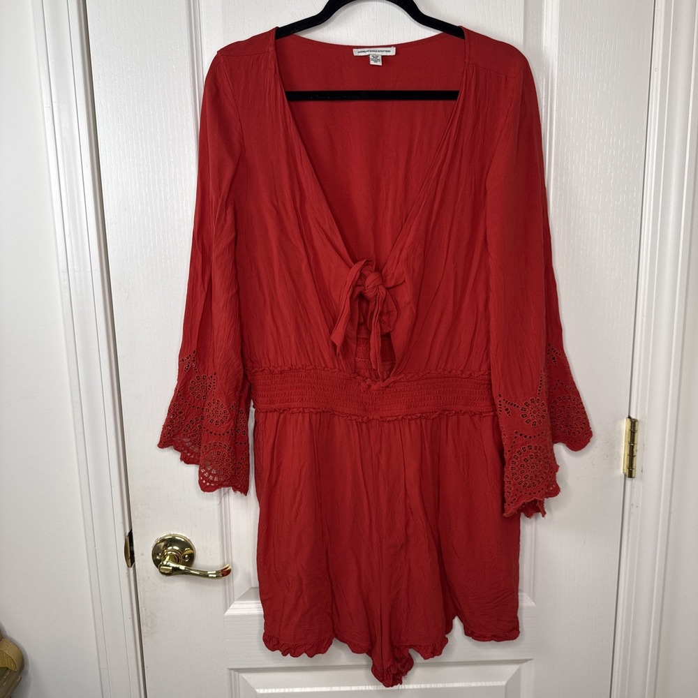 American Eagle Rust Boho Romper Crochet Sleeve Smocked Waist Size XL
